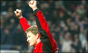 Ole Gunnar Solskjaer celebrates his 15th minute opener for the Red Devils