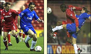 Szilard Nemeth tracks Mario Stanci (left) and Ugo Ehiogu beats Emmanuel Petit in the air (right)