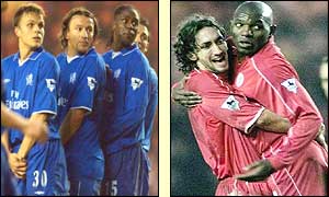 The Chelsea wall watches Geremi score (left) and Greening hugs the goalscorer