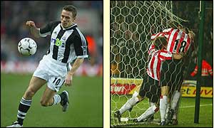 Newcastle's Craig Bellamy runs with the ball and Southampton players celebrate their equalizer