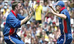 England bowlers James Kirtley (left) and Gareth Batty celebrate the dismissal of Matthew Hayden