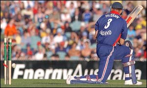 Nasser Hussain drags an attempted sweep onto his stumps