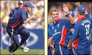 Gareth Batty catches Damien Martyn (left) and James Anderson celebrates the wicket of Adam Gilchrist on his debut