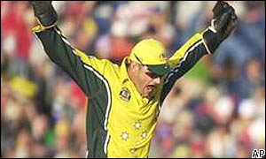 Australia wicket-keeper Adam Gilchrist celebrates a wicket