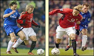 Manchester United's David Beckham and Diego Forlan battle for possession