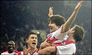 Paul Peschisolido celebrates after hitting the first of his match-winning brace against Crystal Palace