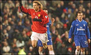 Diego Forlan celebrates scoring the winning goal in the 80yth minute