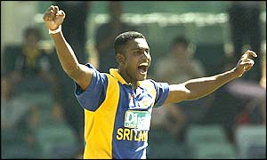 Prabath Nissanka celebrates the wicket of England's Alec Stewart