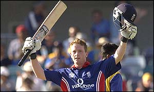 Durham and England all-rounder Paul Collingwood celebrates his first ever one-day international century