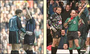 1996 - Bosnich is booked for making a gesture to the crowd and sent off in another match