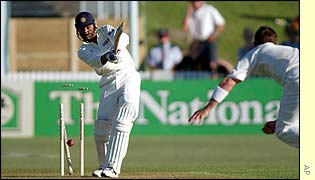 Harbhajan Singh is bowled by Shane Bond