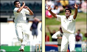 Indian bowler Zaheer Kahn bowls then celebrates a wicket