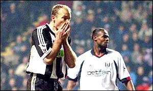 Newcastle's Alan Shearer misses a penalty