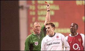 Boro's Luke Wilkshire is sent-off after 73 minutes for a second yellow card.