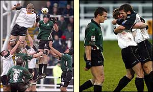 Newcastle and London Irish tussle in the line-out and Tom May of Newcastle celebrates his try