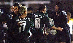 Mark Mapletoft is congratulated after winning the game for London Irish