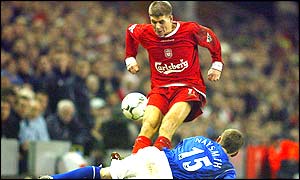 Steven Gerrard tackles Gary Naysmith 
