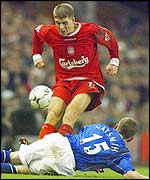 Steven Gerrard goes in hard on Everton's Gary Naysmith