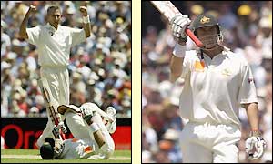 Andrew Caddick crashes a delivery against Matthew Hayden's knee but it does not inhibit his performance