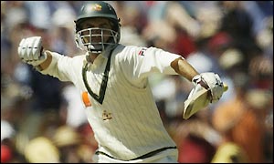Justin Langer brings up his century shortly after the dismissal of Hayden