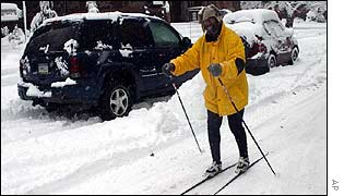 Man skis down a street in Wilkes-Barre, Pennsylvania