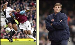 Freddie Kanoute fights off Fulham's Alain Goma as Glenn Roeder looks anxiously on