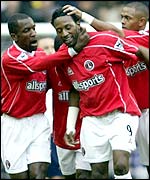 Charltons' players celebrate with goalscorer Jason Euell