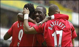 Jason Euell celebrates his second goal but the Addicks squander the lead and Spurs grab the point