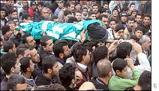 Palestinian mourners carry the body of the Palestinian militant leader Hamza Abu Roub