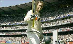 Langer loses his wicket to the bowling of Richard Dawson shortly before tea