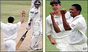 Nicky Boje appeals unsuccessfully while Makhaya Ntini takes the wicket of Inzamam-ul-Haq 