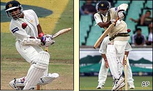 Pakistan's Taufeq Umar and Saqlain Mushtaq dodge deliveries 