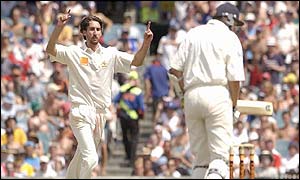 Jason Gillespie celebrates taking Steve Harmison's wicket