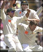 Stuart MacGill celebrates a wicket