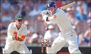 Michael Vaughan smashes the ball to the boundary as England follow on