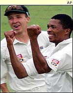 Makhaya Ntini takes a wicket for South Africa