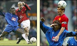 Aliou Cisse of Birmingham City tackles Juan Veron and jumps for a header with Roy Keane