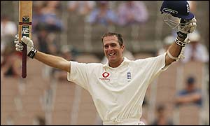 Michael Vaughan celebrates his stunning hundred 