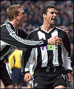 Gary Speed celebrates scoring Newcastle's opener against Spurs