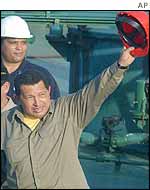 President Chavez receiving the first foreign shipment of petrol on Saturday