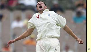 Steve Harmison shows his frustration as Steve Waugh edges past James Foster