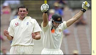 Adam Gilchrist celebrates scoring the winning runs for Australia