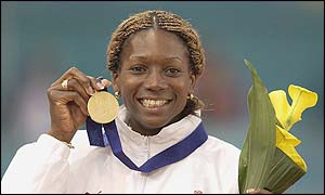 Triple jumper Ashia Hansen holds her gold medal at the European Championships