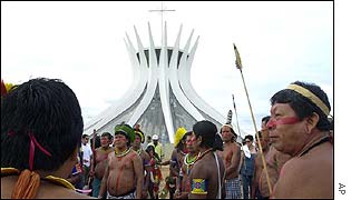 Native Brazilians from the south outside Brasilia cathedral