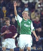Tam McManus celebrates after scoring Hibs' second goal