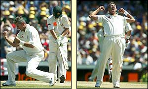 England bowler Andrew Caddick celebrates taking three quick Australian wickets