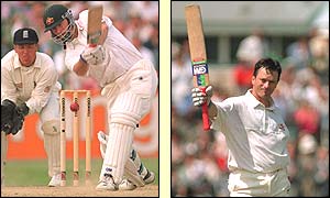 Steve Waugh drives and then acknowledges the crowd after his second century of the match in the third Test against England in 1997