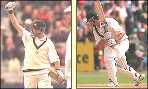 Steve Waugh celebrates his century in the first innings of the third Test against England in 1997 before being bowled