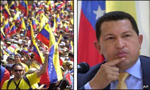 Anti-Chavez protesters (l) and President Chavez (r)