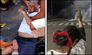 A man injured in the clashes(l) and a woman raising a cross towards the tear gas (r)